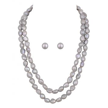 Nature Pure Freshwater Barook Pearl Double String Necklace Set (Grey) by KNK Jewellery