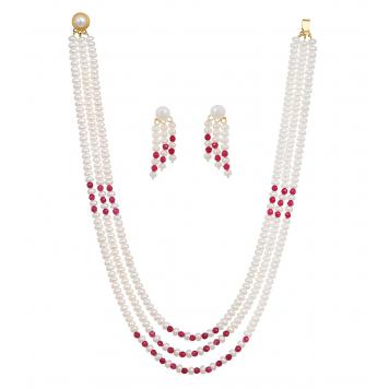 Ruby Red Freshwater Pearl Three String Necklace Set for...