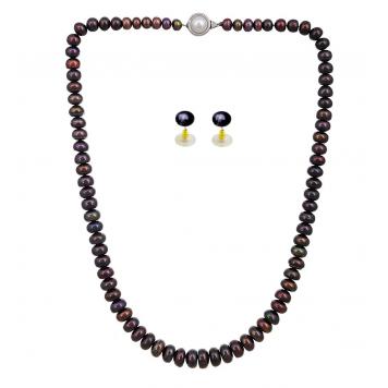 Stylish & Trendy Dark Grey Button Shape Freshwater Pearl Necklace Set by KNK Jewellery