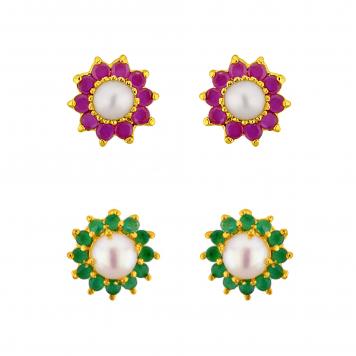 Colorful Combo of 2 Designer Semiprecious Stones Pink and Green Stud Pearl Earrings By KNK Jewellery